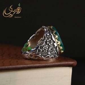انگشتر نقره عقیق سبز خراسانی طرح علمدار - جواهری رضوی
