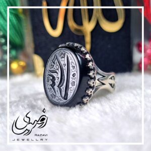 انگشتر نقره مردانه و زنانه عقیق مشکی اصل طرح نیزه حسبی الله - جواهری رضوی