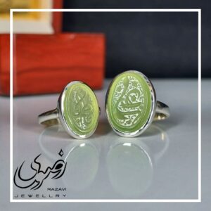 ست انگشتر نقره مردانه و زنانه عقیق سبز کاهویی با حکاکی یا علی ویا فاطمه